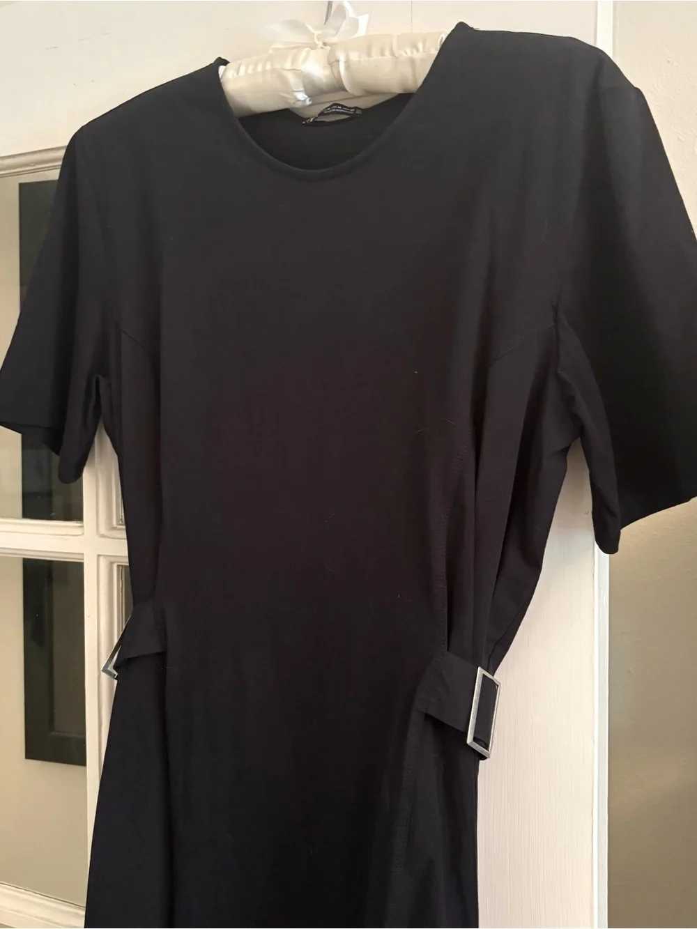 🆕 Zara Black Cotton Midi Dress with Side Buckles M - Picture 5 of 7